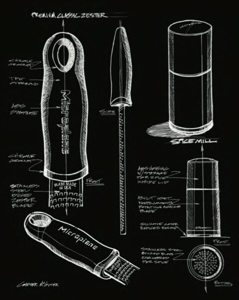 croquis représentant les ustensiles de cuisine microplane