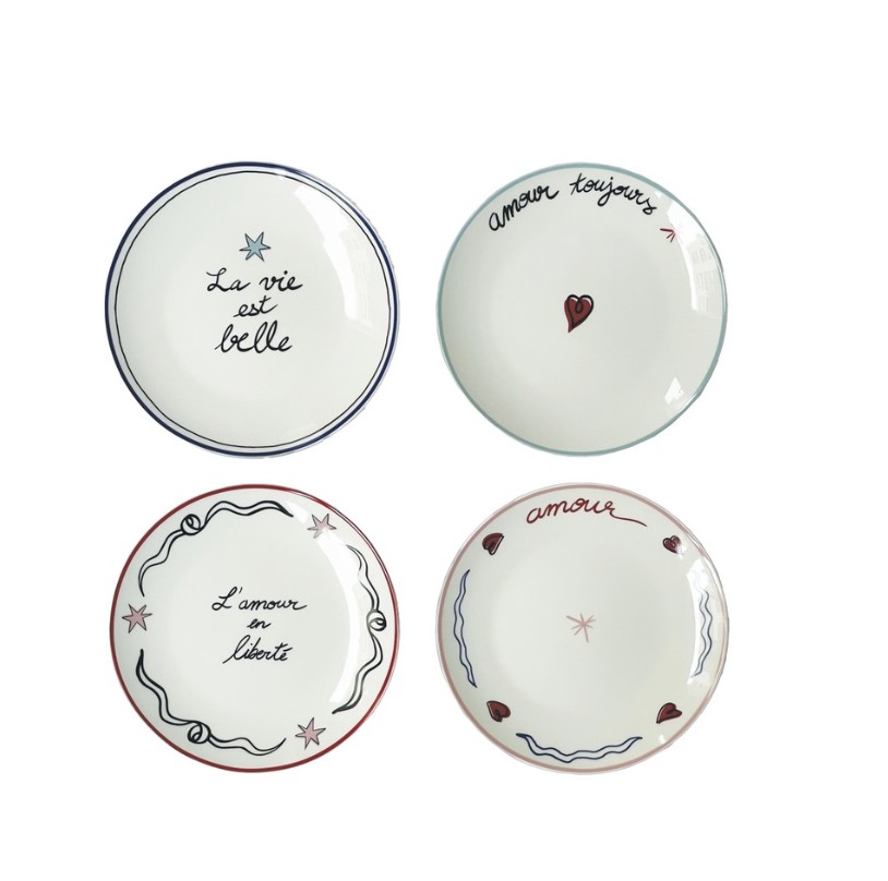 Ensemble de 4 assiettes à message romantique . la vie est belle . L'&amour en liberté. Amour. Amour toujours