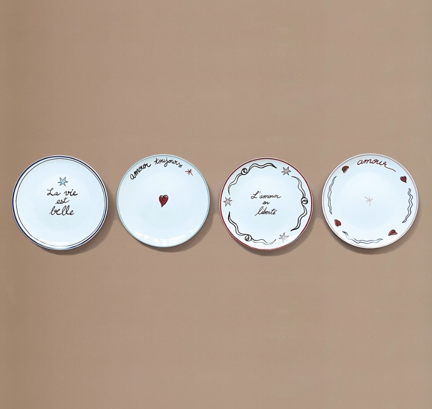 Set de 4 assiettes dessert amour en liberté. message romantique pour les amoureux