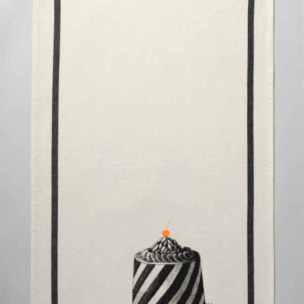 torchon serigraphie d'une jolie pâtisserie avec une cerise fluo sur le dessus