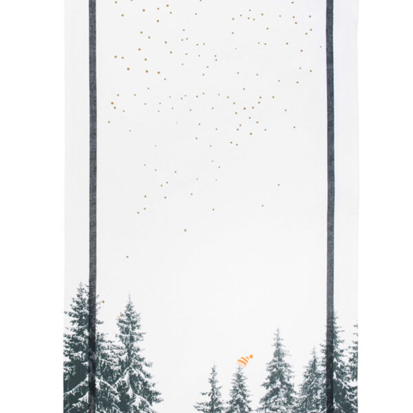 torchon serigraphie avec une foret de sapins et un petit bonnet orange fluo au sommet