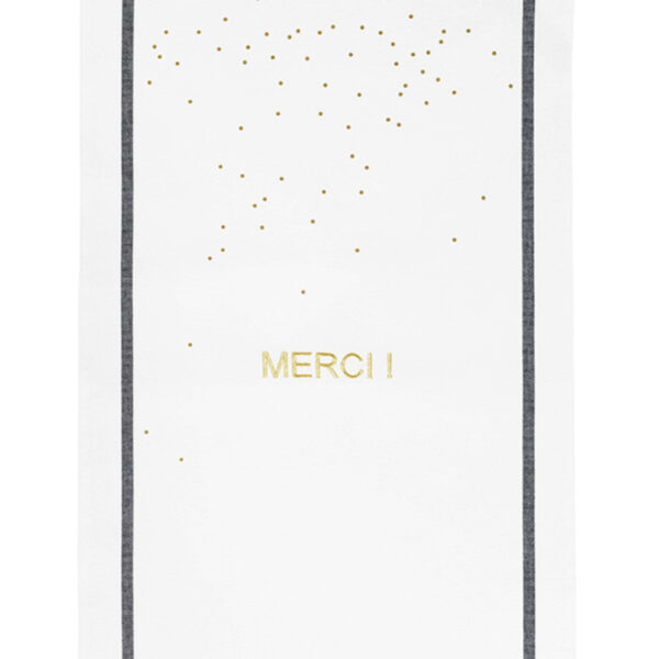 torchon brodé avec du fil doré le mot MERCI !